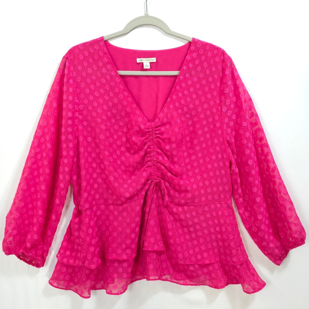 Cato Blouse Ruched Peplum Clip Dot Pink Women XL Romantic Feminine Office